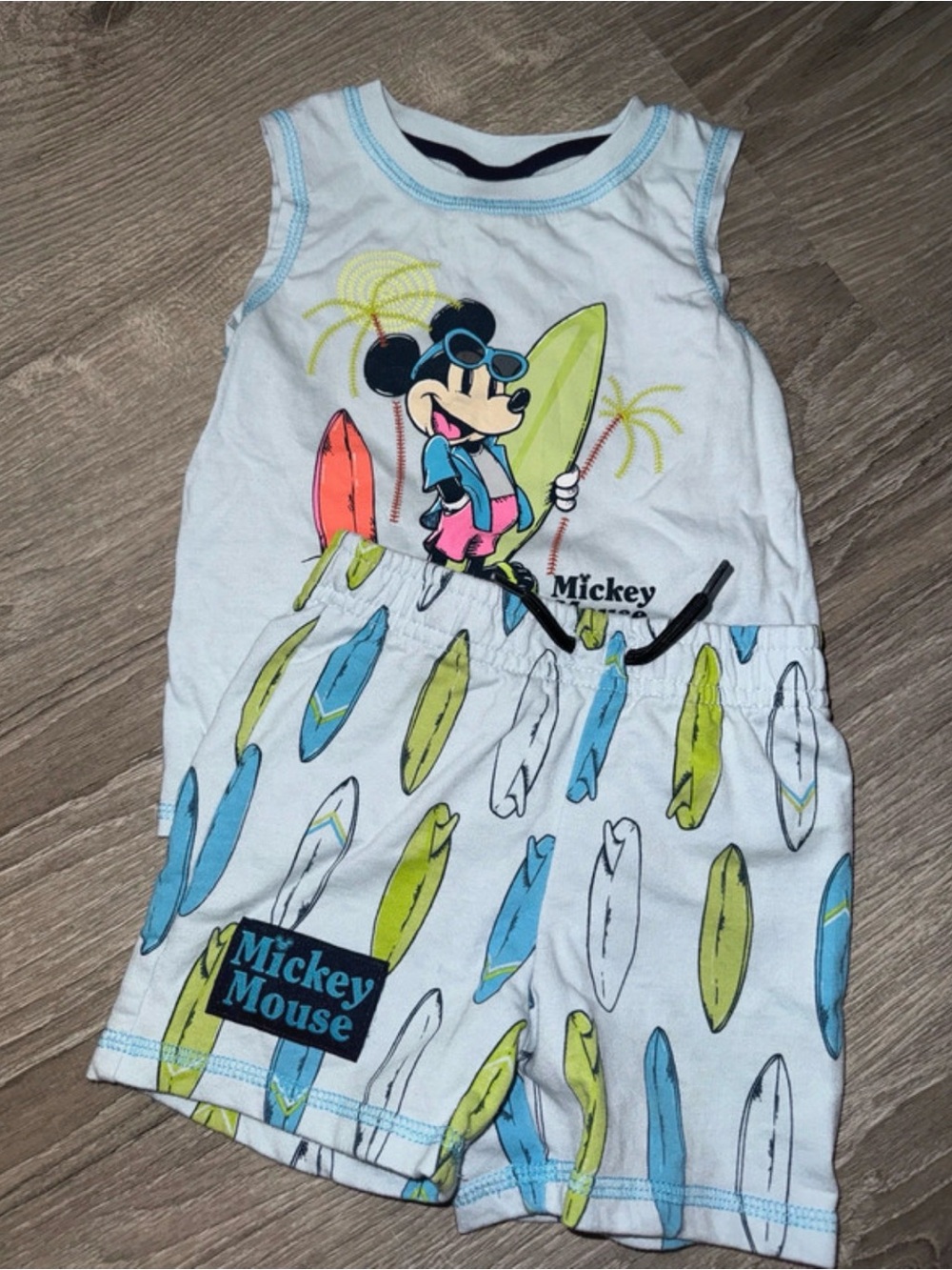 Disney White Tank & Shorts Set with Blue and Lime Surfboard Print